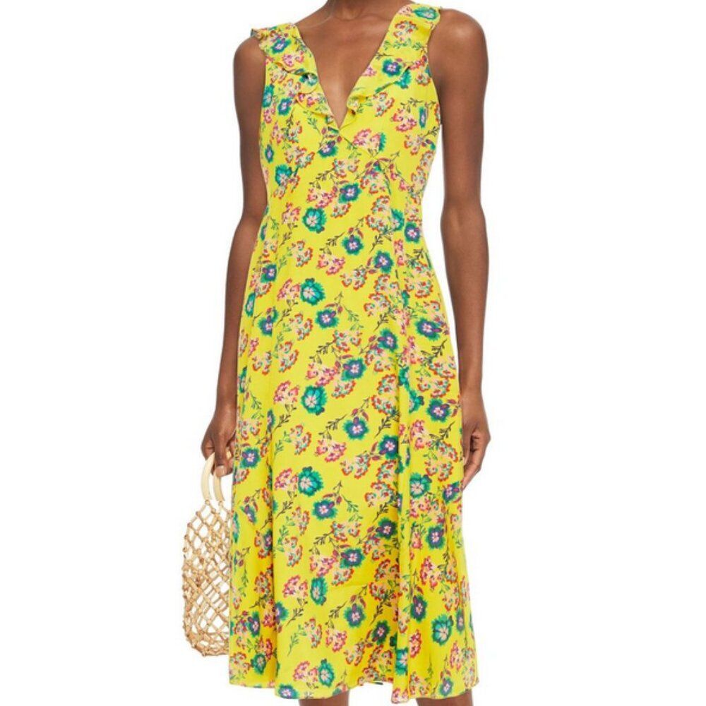 SALONI Holly Midi Dress Silk Crepe Yellow Floral Frill V-Neck Sleeveless Dress 6